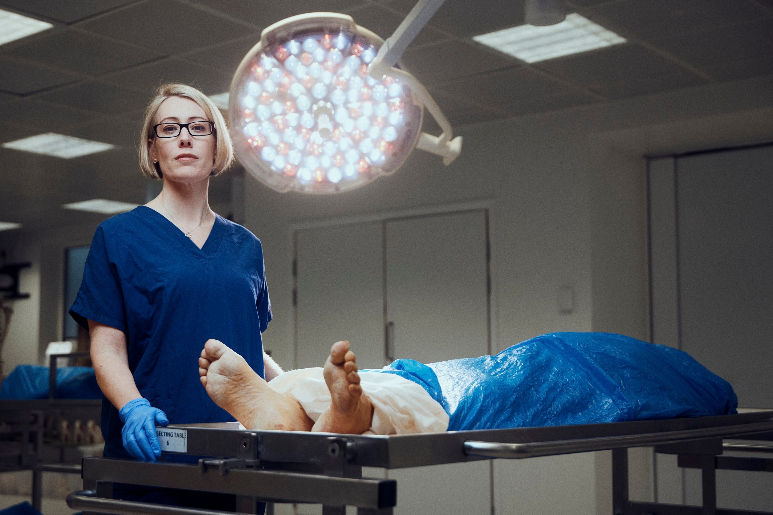 Professor Claire Smith in the main dissection room at Sussex University with a donated body. Under the auspices of the Human Tissue Authority, the donor pictured consented to anatomical examination and public display. The donor consented to images being taken