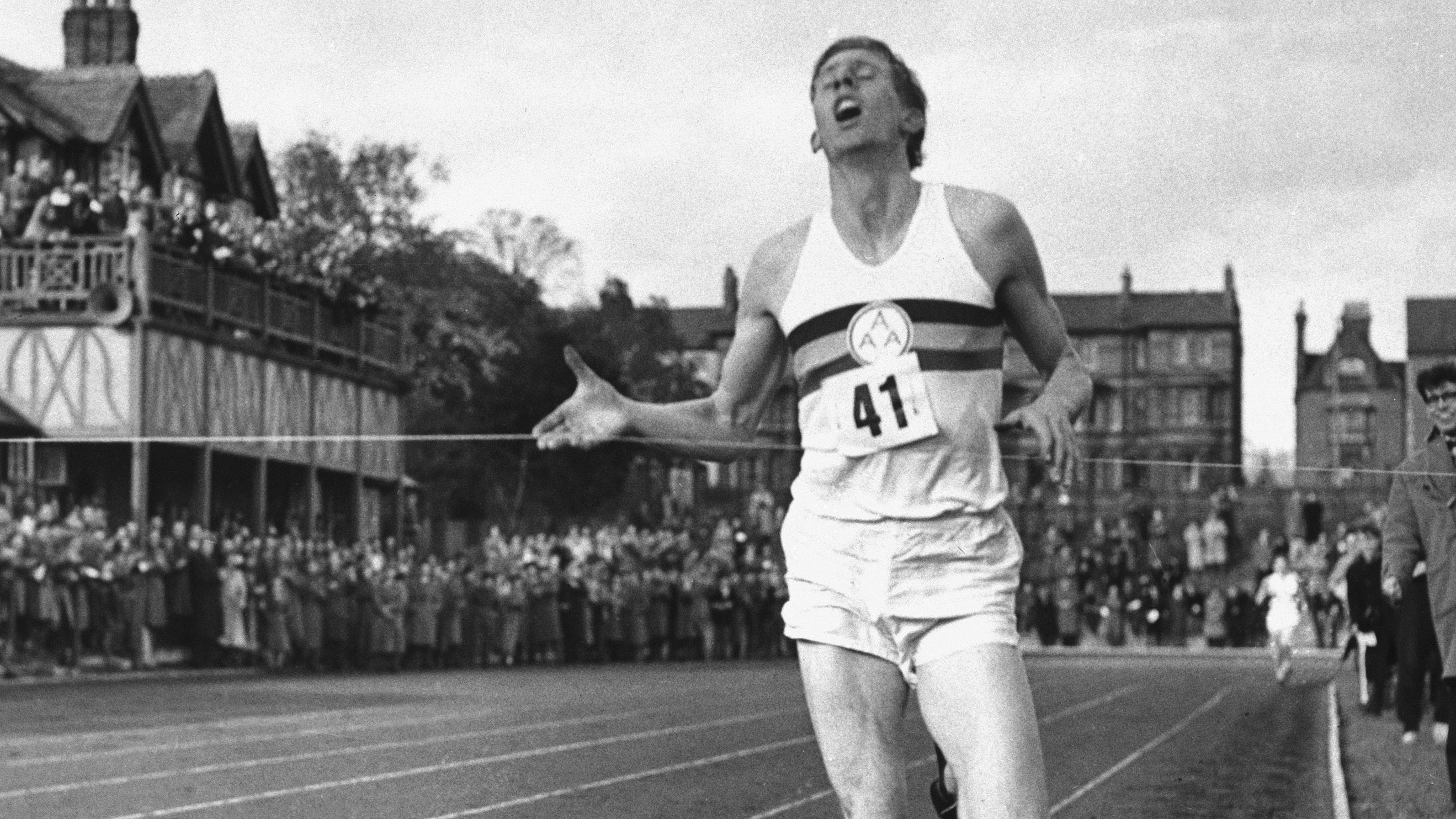 Bannister crosses the finish line in 3min 59.4sec in Oxford on May 6, 1954 to break the four-minute mile barrier
