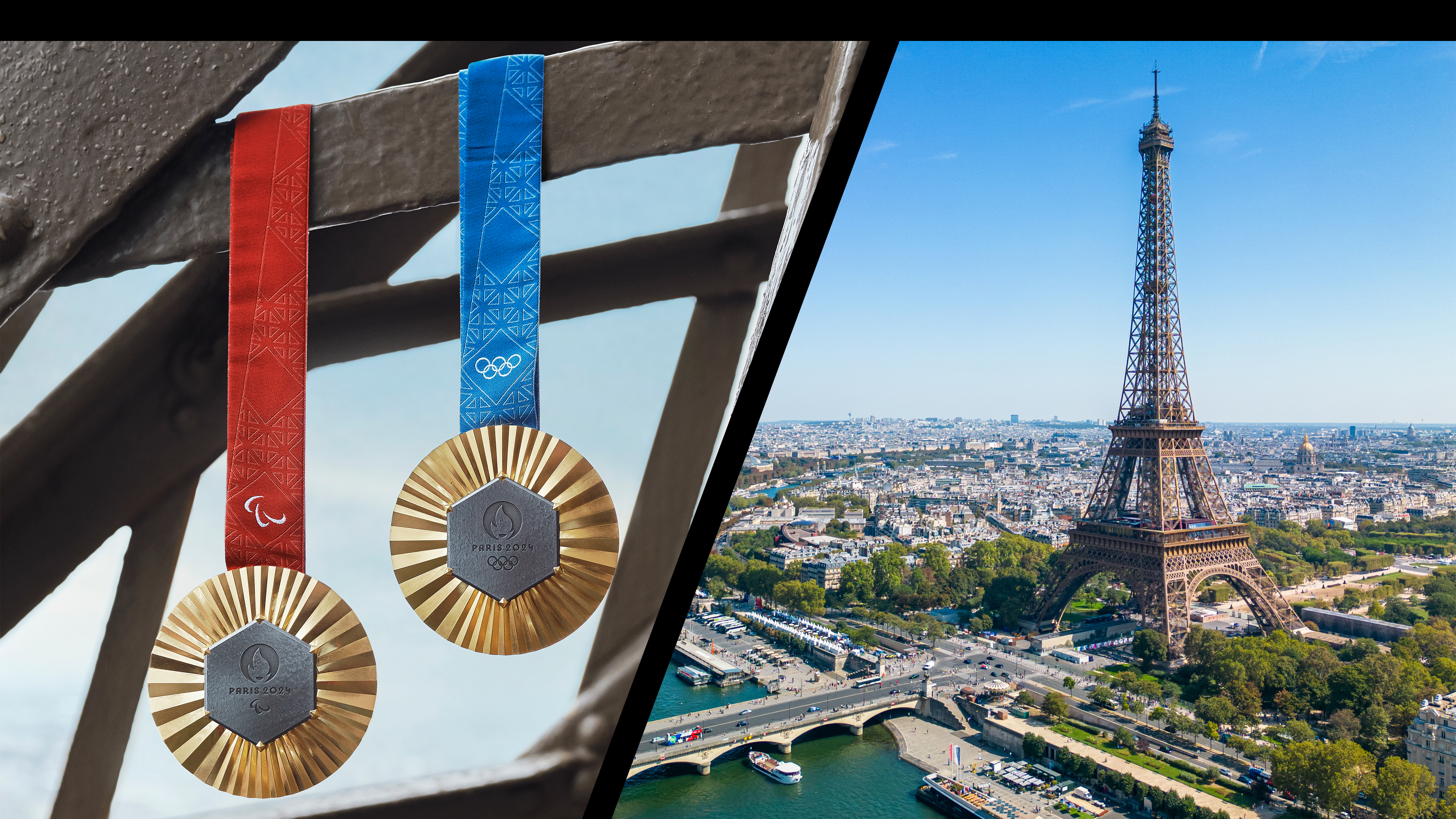 From left: a Paralympic gold medal, which features a view up through the Eiffel Tower on the reverse; an Olympic gold; the Eiffel Tower
