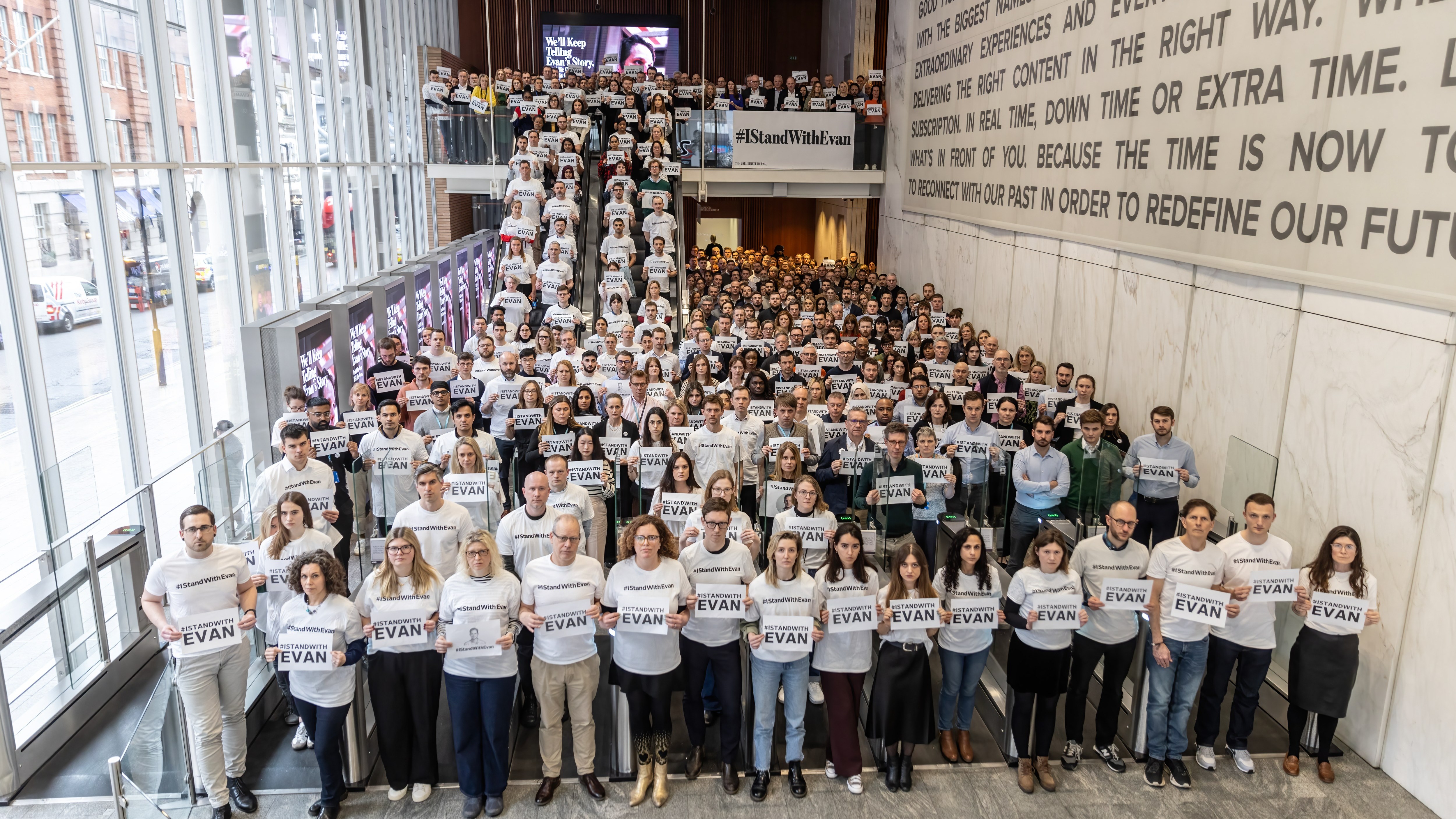 News UK staff stand in support of Wall Street Journal reporter Evan Gershkovich after one year of his imprisonment