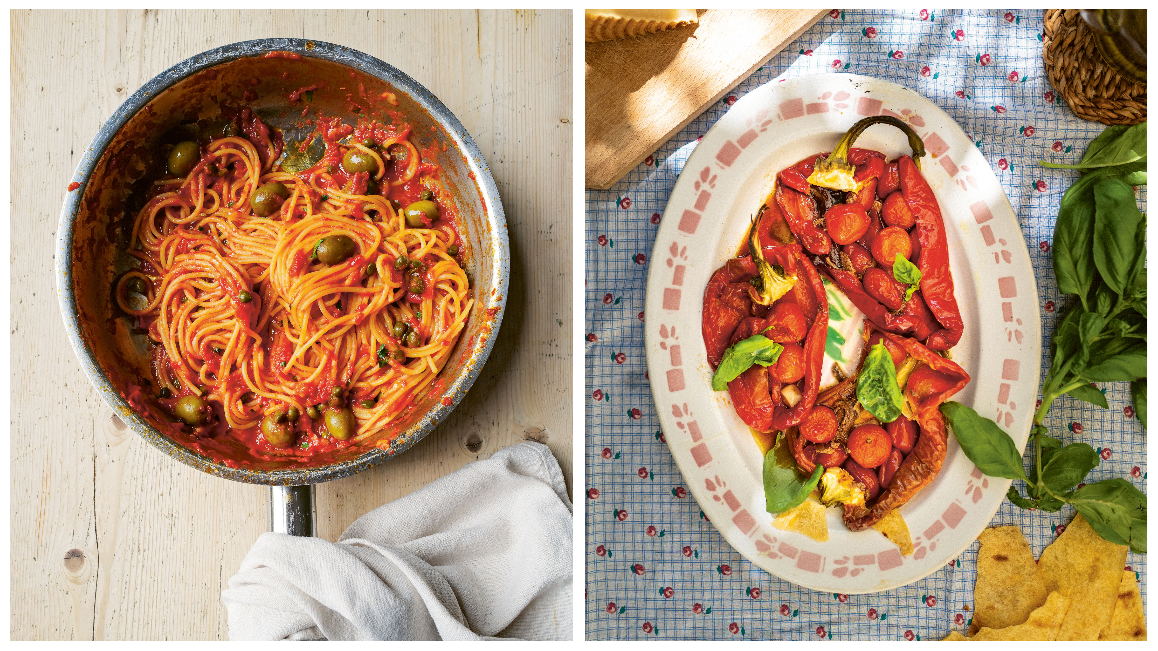 Spaghetti puttanesca and, right, peppers Piedmontese. These peppers are as good cold as they are warm, says Clark