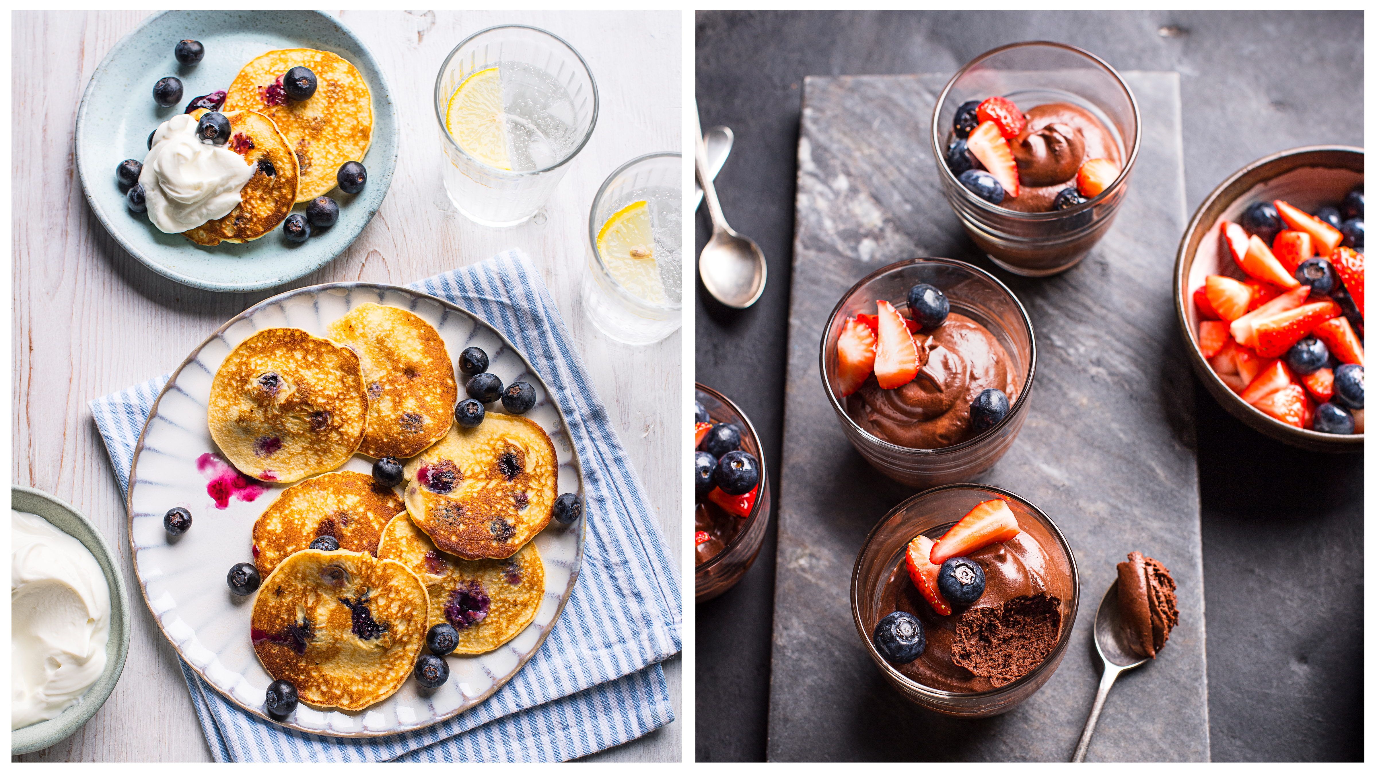 Blueberry protein pancakes; chocolate mousse