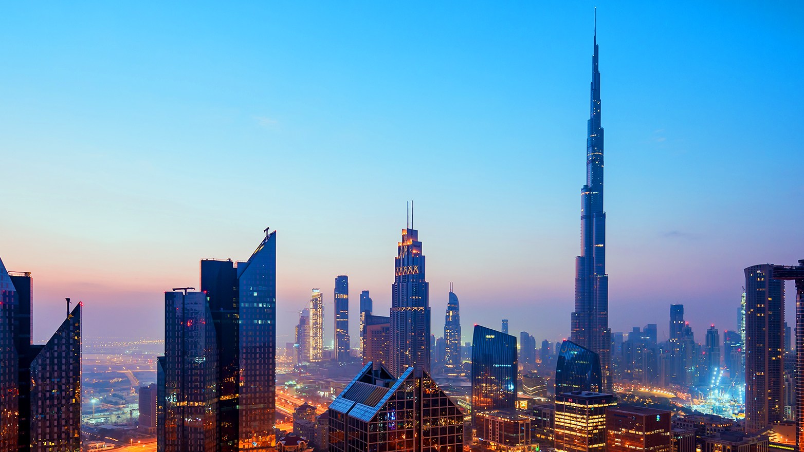 The Dubai skyline with the Burj Khalifa at dawn