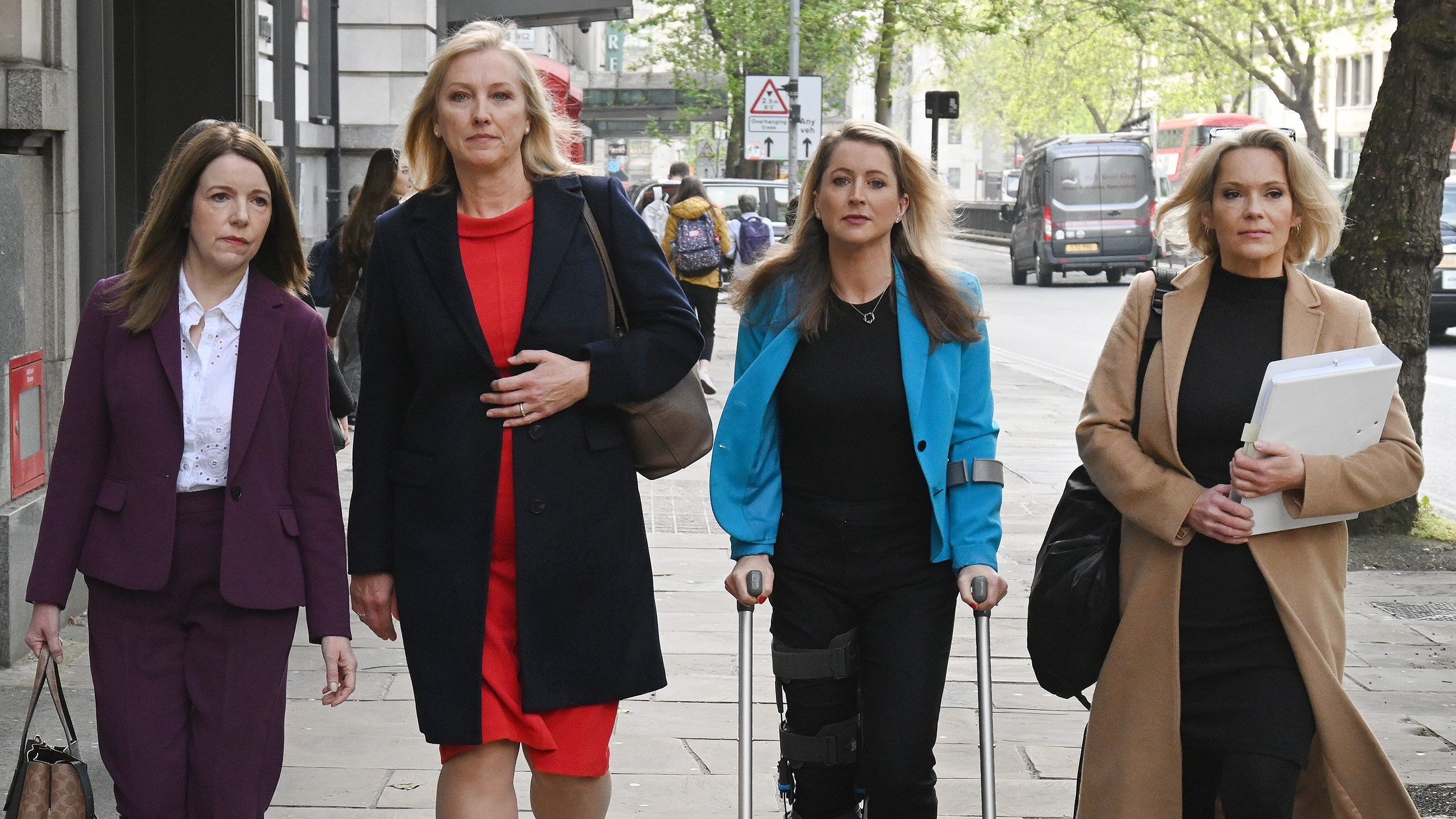 Annita McVeigh, Martine Croxall, Karin Giannone and Kasia Madera arrive at the London Central Employment Tribunal. They accuse the BBC of victimising them for bringing equal pay claims