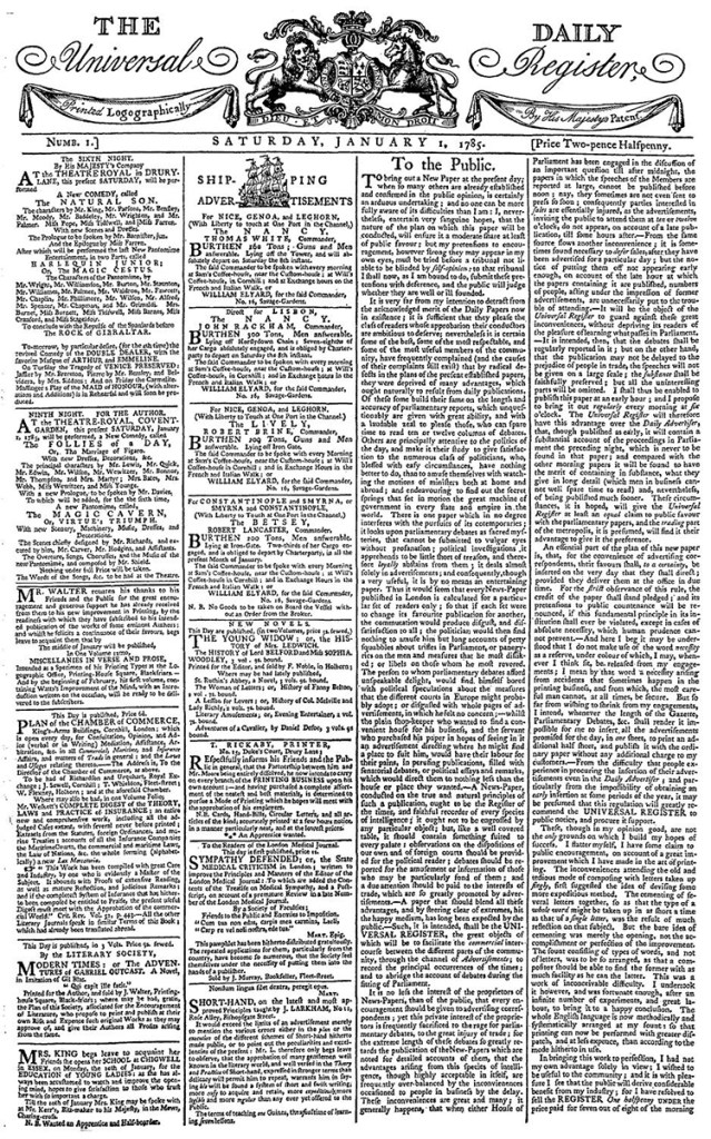 Front page of The Daily Universal Register newspaper, January 1st 1785