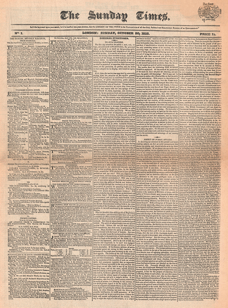 The front page of the first issue of The Sunday Times