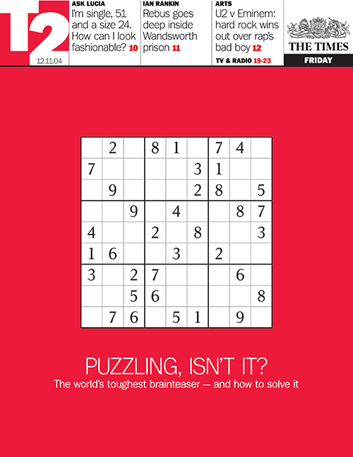 Front page of The Times' T2 section featuring Sudoku puzzle