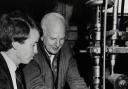 Secretary of State for the Environment Colin Moynihan (left) on a visit to Stott Park Bobbin Mill in 1987