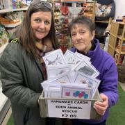 Eden Animal Rescue Trustee and fundraising volunteer, Jennie Whitfield, with owner of Appleby Pet Shop, Suzanne Jones