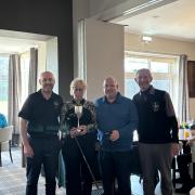Winning pair Cousins and Reed being presented the trophy by Club President John Whitewood (far right) and Club Pro Ben Lock (far left)