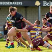 Steve Bloore powers over for his second try. Picture by Louis Tinsley.