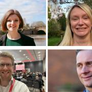 Worcester parliamentary (clockwise from top left) candidates Tor Pingree, Mel Allcott, Marc Bayliss and Tom Collins