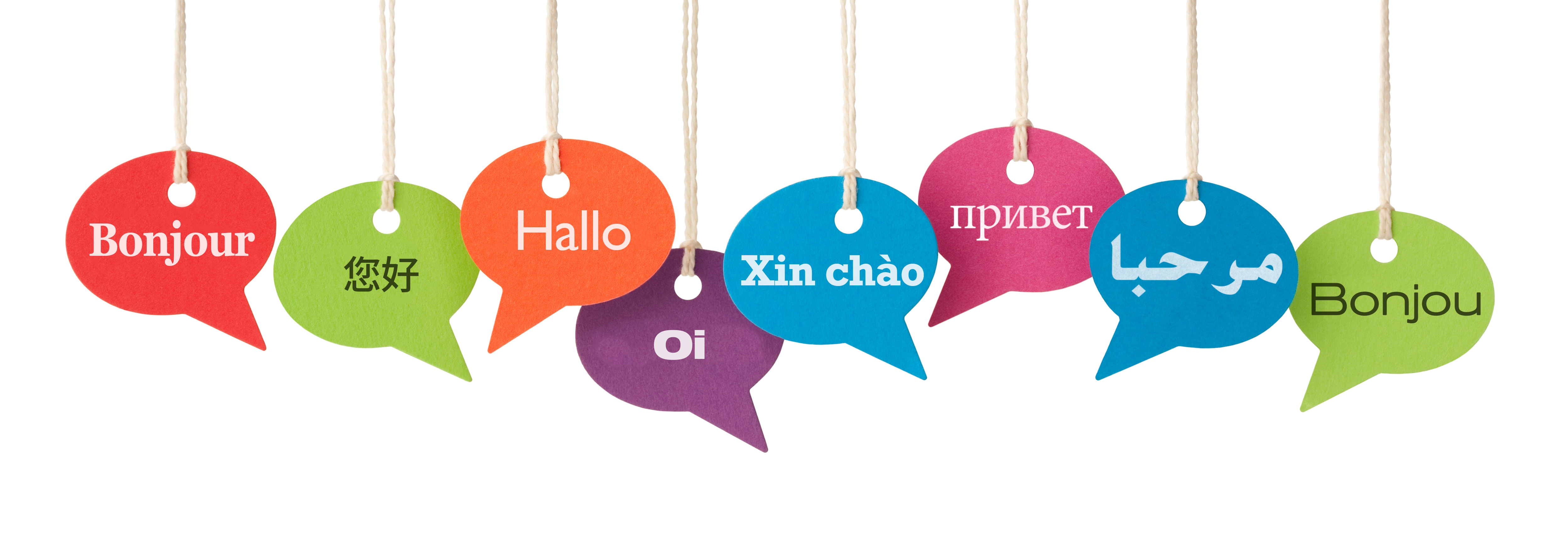 Speech bubbles contain the word HELLO in eight different languages. French, Chinese, German, Portuguese Br, Vietnamese, Russian, Arabic and Haitian Creole.