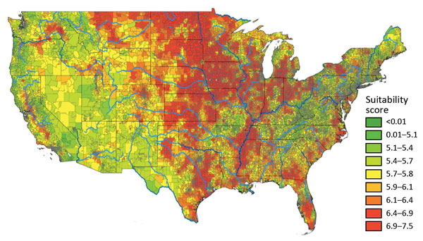 Map of the United States showing the results of statistical modeling that estimates where Histoplasma might be most likely to live, by zip code. High suitability scores occurred throughout the Midwest Census region.
