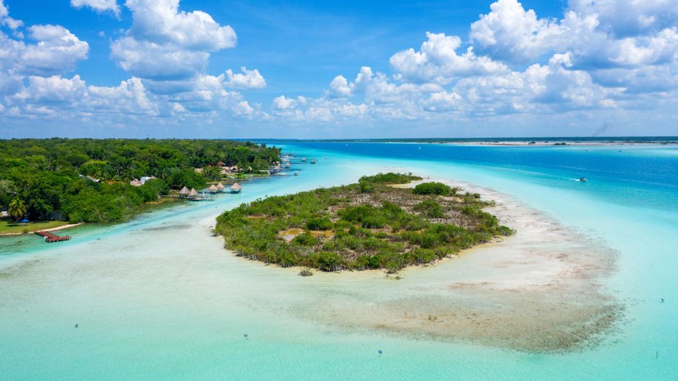 Mangrove island and emerald water in the Bacalar Lagoon, Mexico