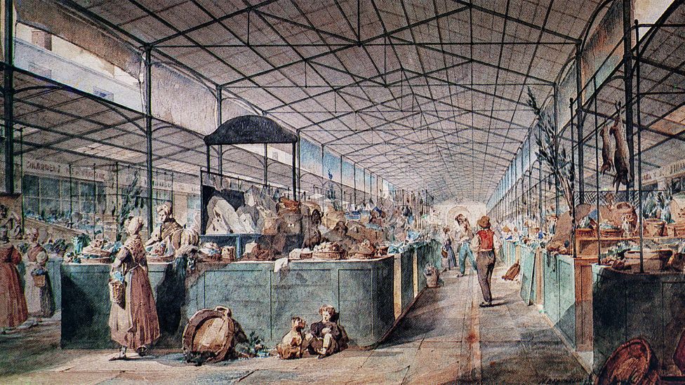 Illustration of Les Halles, Paris's central fresh food market by Max Berthelin – 1811-1877 (Credit: De Luan/Alamy)