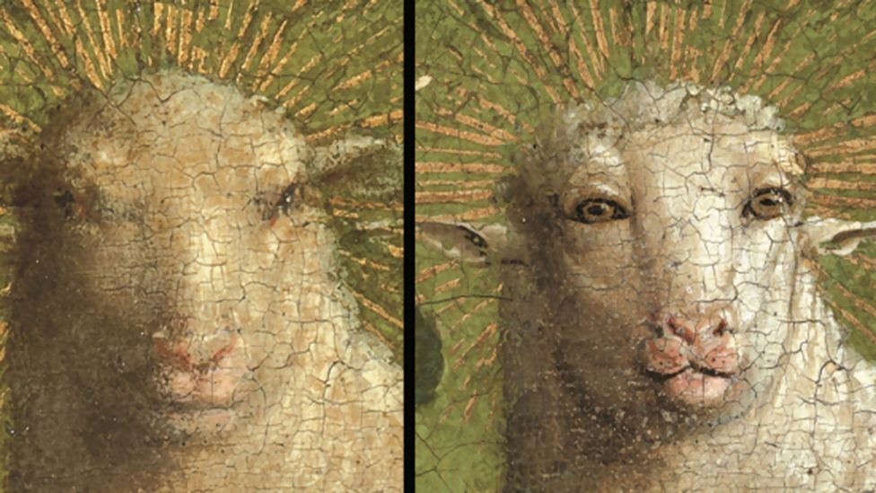 UCL researchers have been restoring Van Eyck's Ghent Altarpiece (1432), a work made up of many panels, and featuring the Adoration of the Mystic Lamb (Credit: Jan van Eyck)