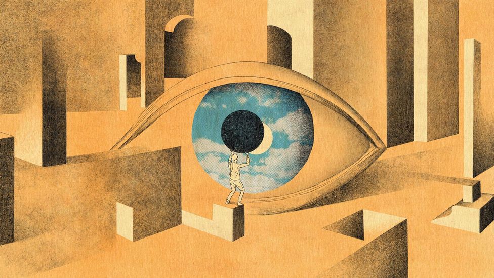 Illustration of a person standing in front of an giant eye with an eclipse in the pupil (Credit: Emmanuel Lafont)