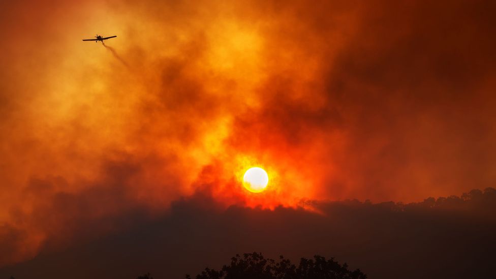 A plane flying over a wildfire with the sun shrouded in smoke (Credit: Getty Images)