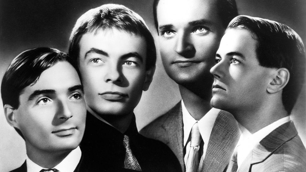 A black and white picture of German band Kraftwerk in the 1970s